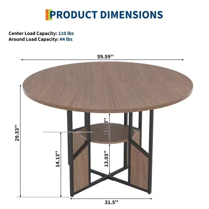 Tavolo da pranzo rotondo per 4-6 persone, tavolo da cucina da 150 cm con ripiano portaoggetti, tavolo da cena circolare con base, tavolo da colazione in legno, senza sedie
