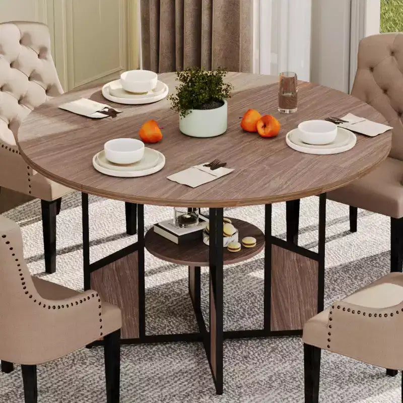 Tavolo da pranzo rotondo per 4-6 persone, tavolo da cucina da 150 cm con ripiano portaoggetti, tavolo da cena circolare con base, tavolo da colazione in legno, senza sedie