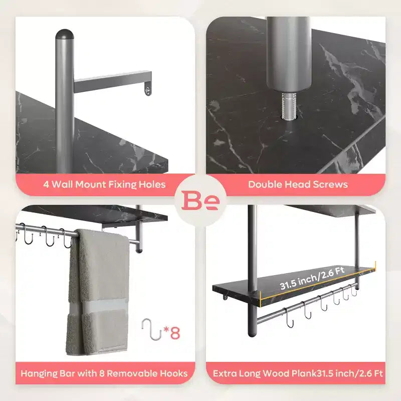 Bestier Industrial Mensola a 2 Livelli Montata a Parete, Porta Piante, Scaffale per Panettiere con 8 Ganci a S
