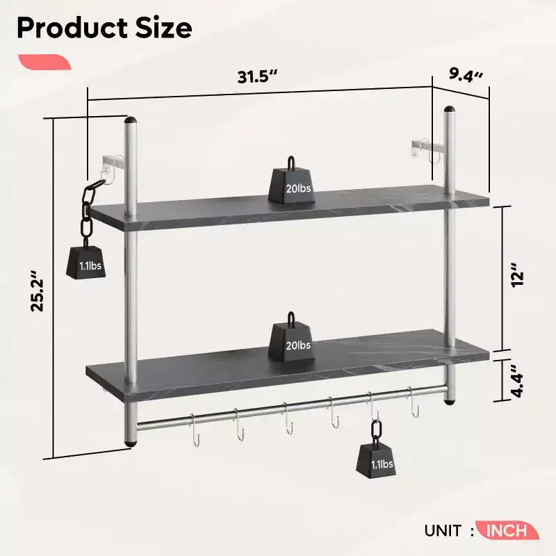 Bestier Industrial Mensola a 2 Livelli Montata a Parete, Porta Piante, Scaffale per Panettiere con 8 Ganci a S