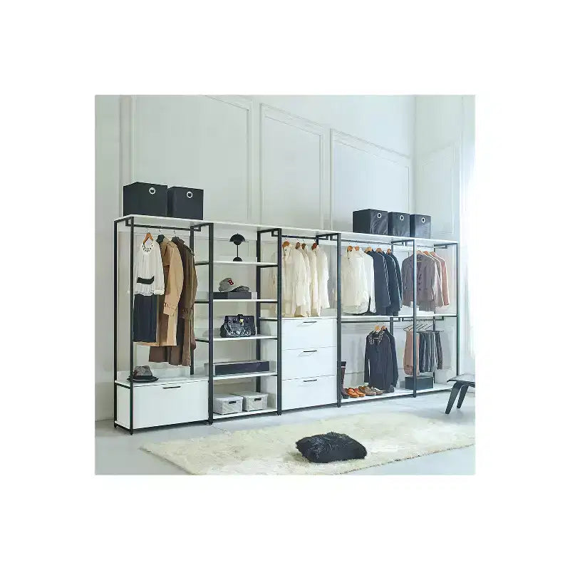 HomeStock Sistema per armadio in legno composito bianco 197,3 cm A x 119,9 cm L per ripostiglio universale con contenitori