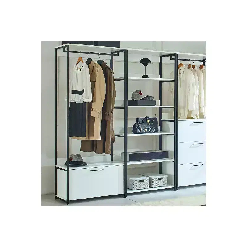 HomeStock Sistema per armadio in legno composito bianco 197,3 cm A x 119,9 cm L per ripostiglio universale con contenitori