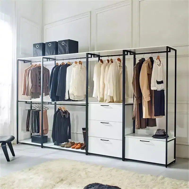 HomeStock Sistema per armadio in legno composito bianco 197,3 cm A x 119,9 cm L per ripostiglio universale con contenitori