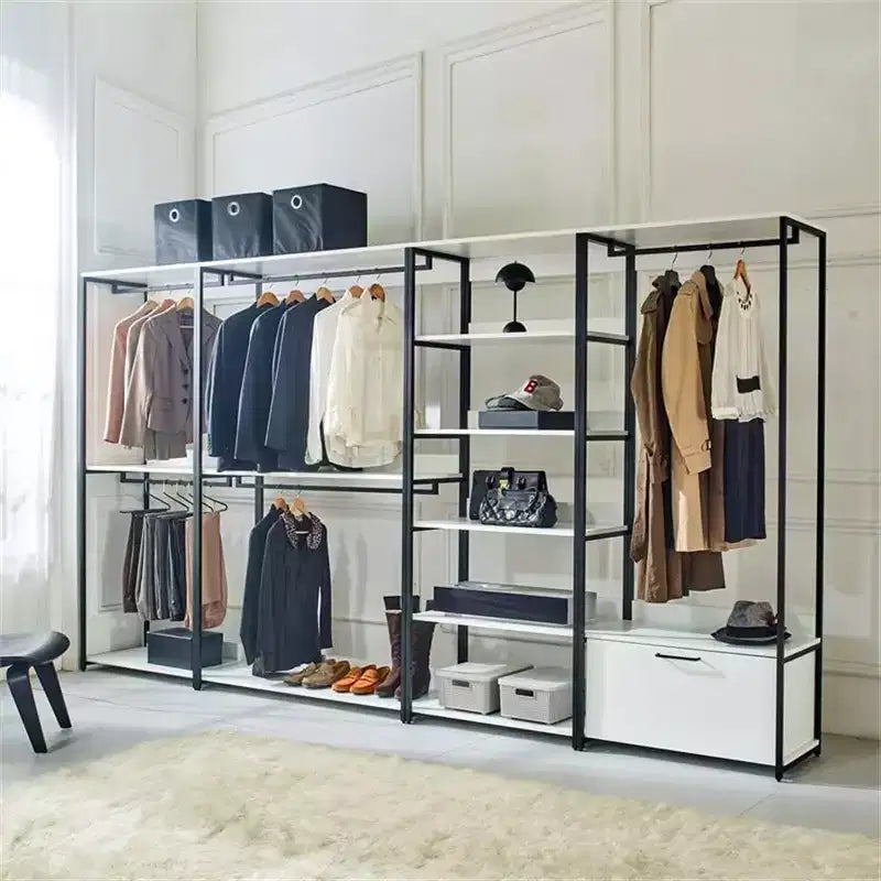 HomeStock Sistema per armadio in legno composito bianco 197,3 cm A x 119,9 cm L per ripostiglio universale con contenitori