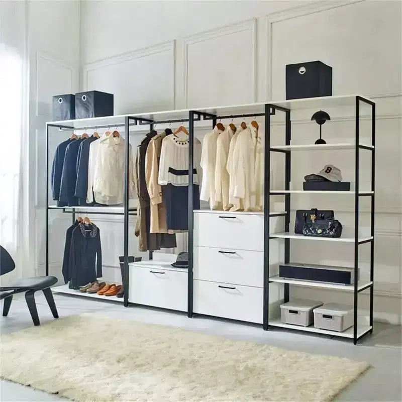 HomeStock Sistema per armadio in legno composito bianco 197,3 cm A x 119,9 cm L per ripostiglio universale con contenitori