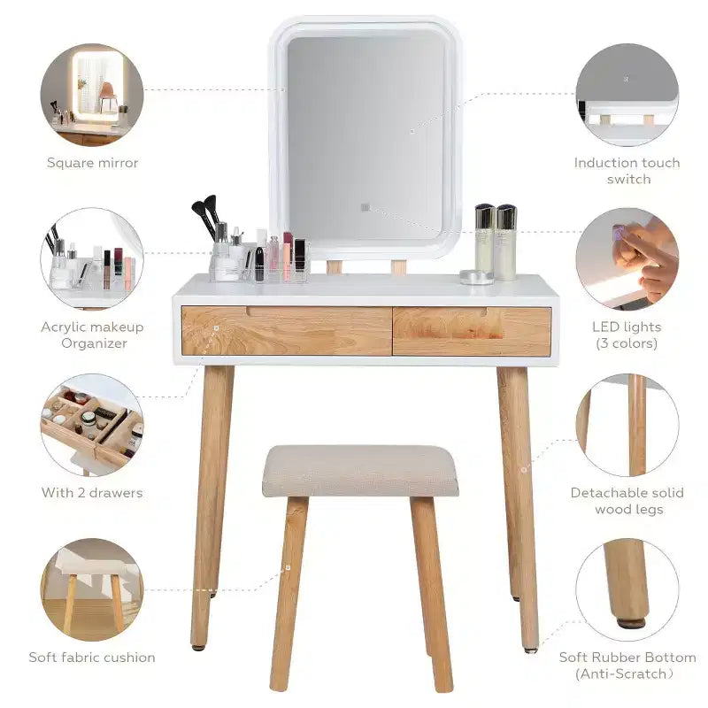 Set toeletta trucco in legno naturale da 31,5 pollici