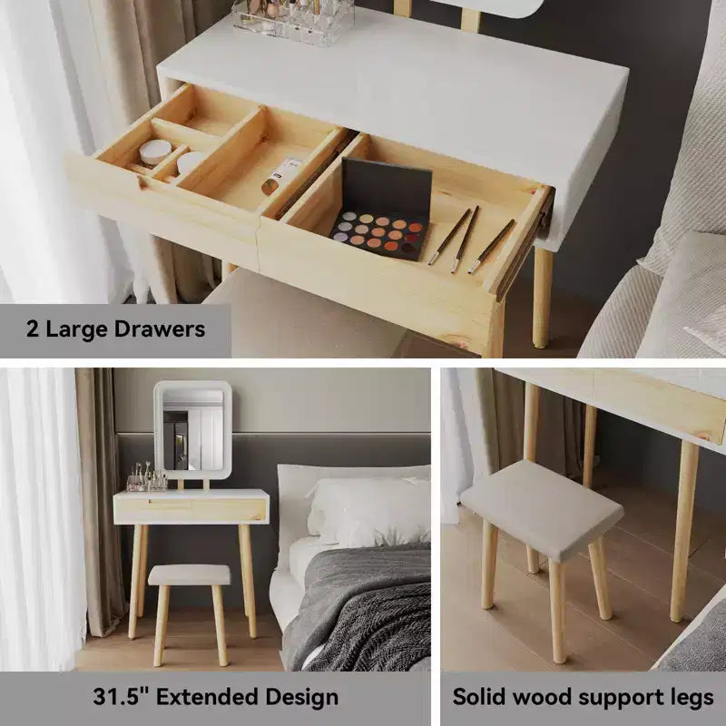 Set toeletta trucco in legno naturale da 31,5 pollici