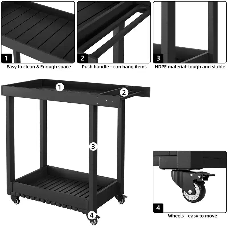 Carrello di servizio multiuso a 2 ripiani, capacità 227 kg, ideale per casa, ufficio, patio e barbecue