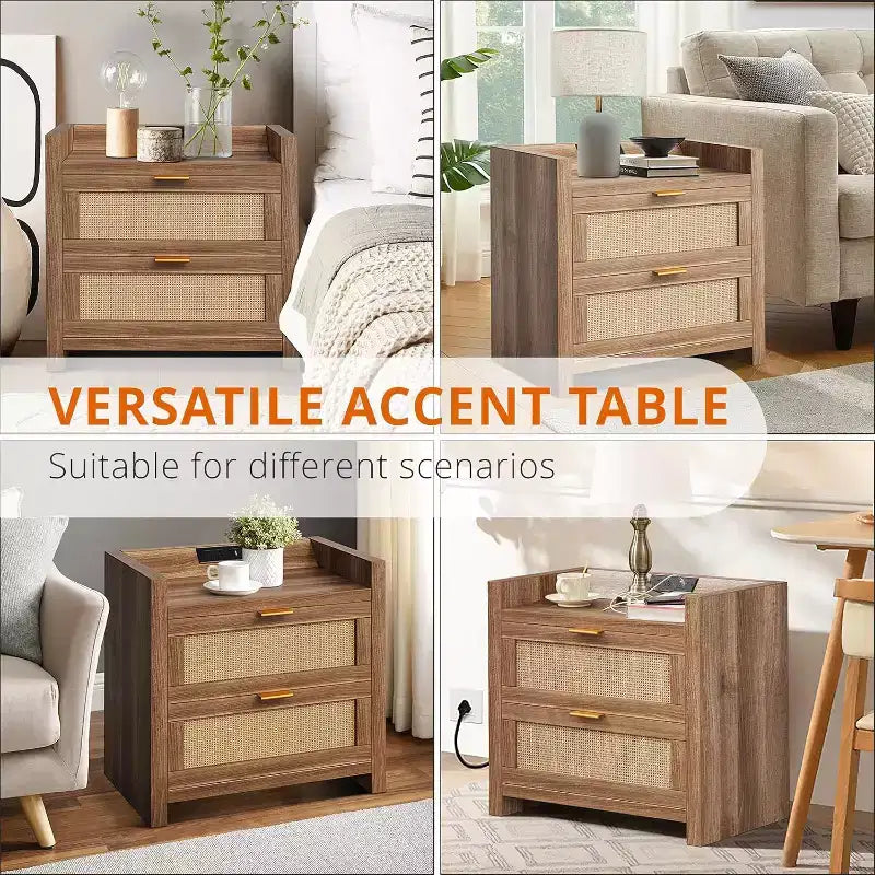 Comodini Set da 2, Comodino in Rattan, Comodini con 2 Cassetti, Tavolini Laterali per Camera da Letto, Soggiorno e
