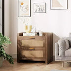 Comodini Set da 2, Comodino in Rattan, Comodini con 2 Cassetti, Tavolini Laterali per Camera da Letto, Soggiorno e