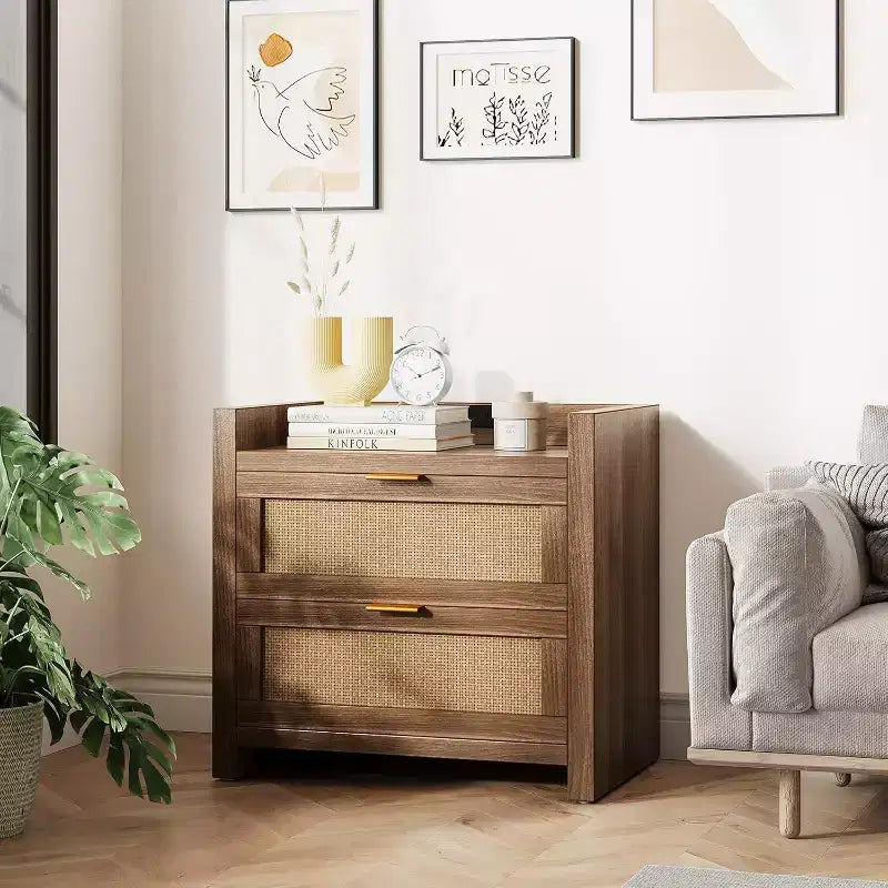 Comodini Set da 2, Comodino in Rattan, Comodini con 2 Cassetti, Tavolini Laterali per Camera da Letto, Soggiorno e