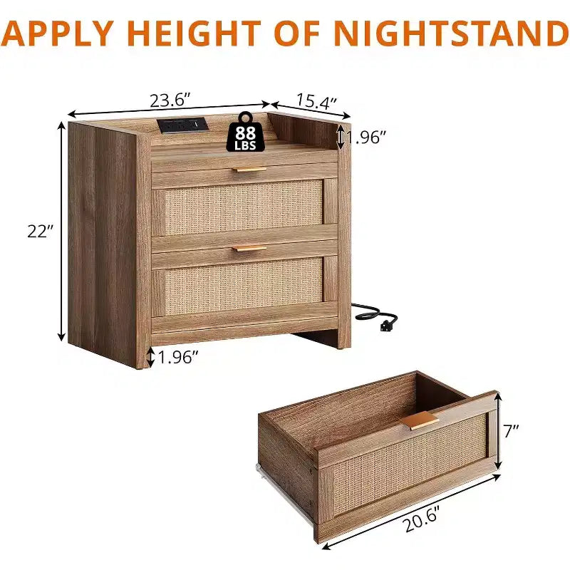 Comodini Set da 2, Comodino in Rattan, Comodini con 2 Cassetti, Tavolini Laterali per Camera da Letto, Soggiorno e