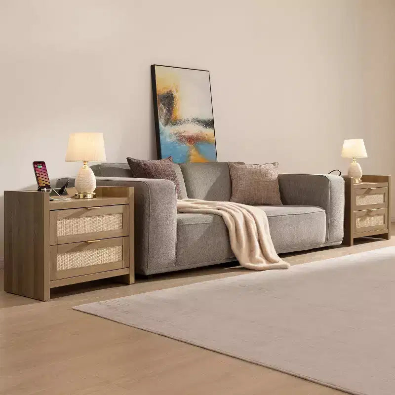 Comodini Set da 2, Comodino in Rattan, Comodini con 2 Cassetti, Tavolini Laterali per Camera da Letto, Soggiorno e