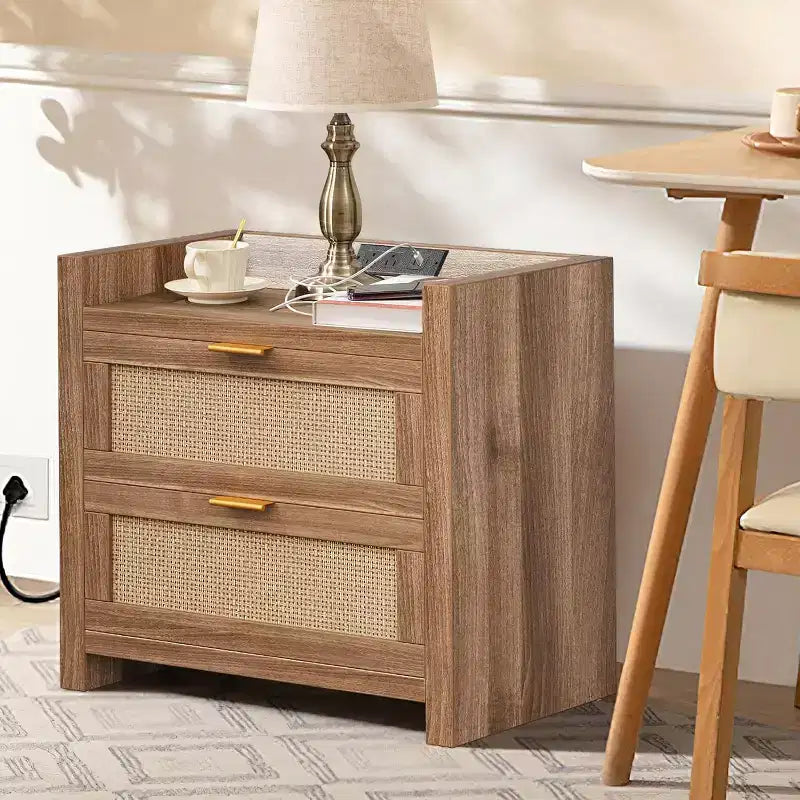 Comodini Set da 2, Comodino in Rattan, Comodini con 2 Cassetti, Tavolini Laterali per Camera da Letto, Soggiorno e