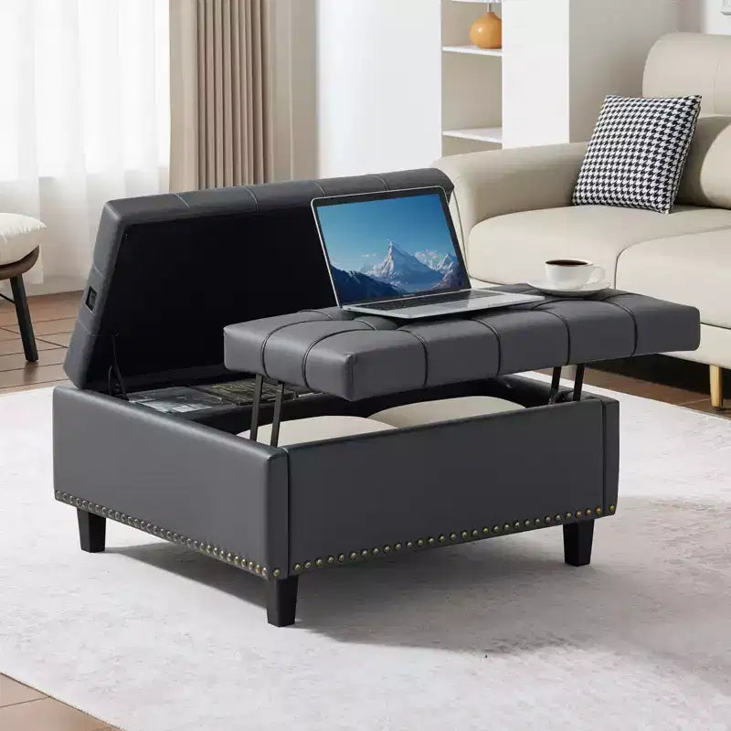 VEVOR Pouf Ottomano Quadrato in Pelle da 78 cm con Contenitore, Tavolino Ottomano con Bottoni Trapuntati e Rivestito, con Coperchio Sollevabile e Ribaltabile, in Pelle PU, Grigio