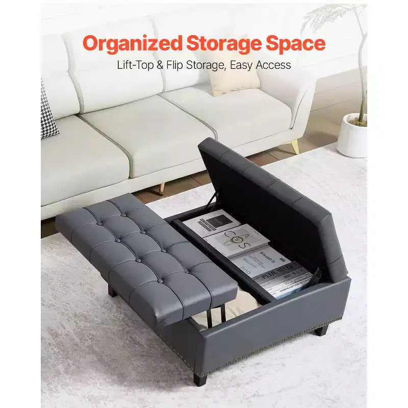 VEVOR Pouf Ottomano Quadrato in Pelle da 78 cm con Contenitore, Tavolino Ottomano con Bottoni Trapuntati e Rivestito, con Coperchio Sollevabile e Ribaltabile, in Pelle PU, Grigio