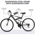 Hykolity 26/27.5-Inch Mountain Bike, Mens Womens, Steel Full Suspension, 18-Speed, Adjustable Saddle, Linear Pull Brakes, Alloy Rims