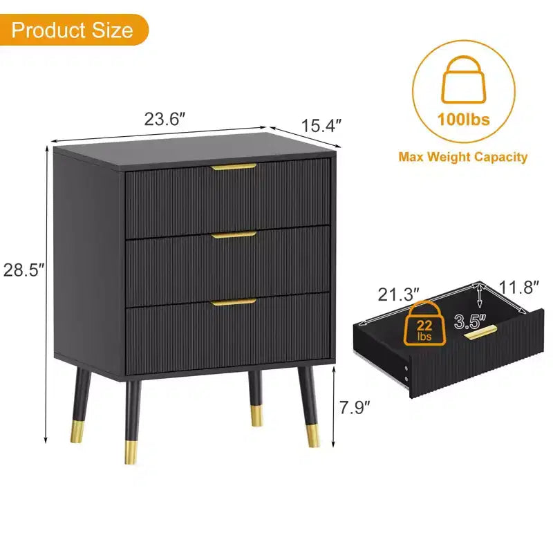 Comò Moderno con Scanalature e 3 Spaziosi Cassetti, Cassettiera in Legno Alta 72 cm, Organizer Porta Abiti per Armadio, Soggiorno o Corridoio