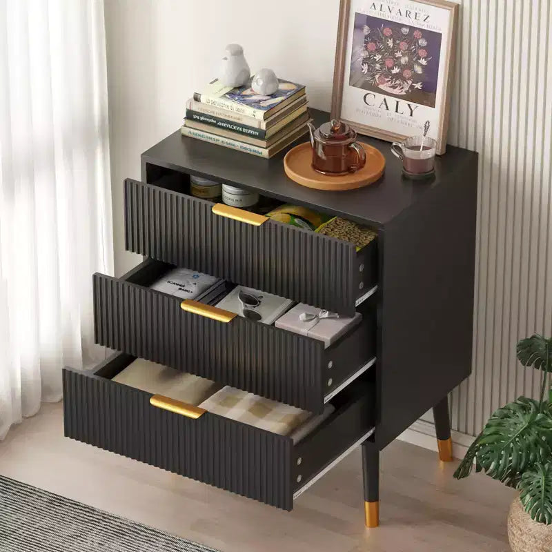 Comò Moderno con Scanalature e 3 Spaziosi Cassetti, Cassettiera in Legno Alta 72 cm, Organizer Porta Abiti per Armadio, Soggiorno o Corridoio
