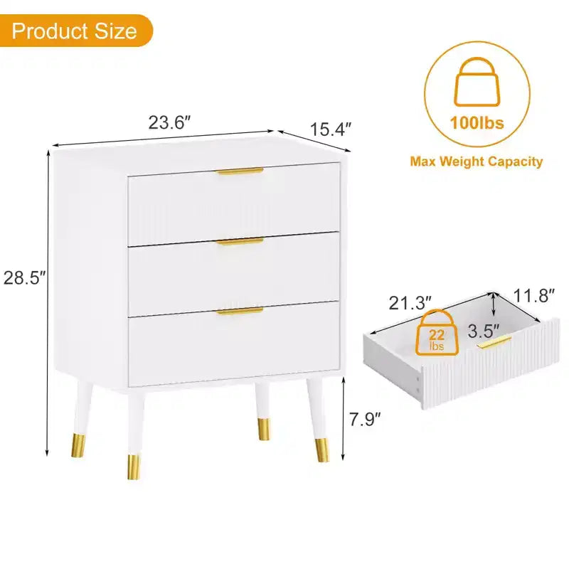 Comò Moderno con Scanalature e 3 Spaziosi Cassetti, Cassettiera in Legno Alta 72 cm, Organizer Porta Abiti per Armadio, Soggiorno o Corridoio