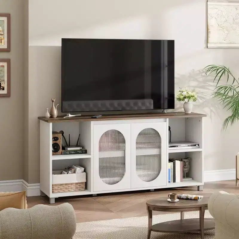 62.6 Inch TV Stand with Corrugated Glass Doors, Rustic Entertainment Center for Living Room with 2 Cabinets & 4 Open Shelves - Wood Console
