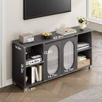 62.6 Inch TV Stand with Corrugated Glass Doors, Rustic Entertainment Center for Living Room with 2 Cabinets & 4 Open Shelves - Wood Console