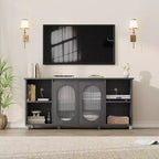 62.6 Inch TV Stand with Corrugated Glass Doors, Rustic Entertainment Center for Living Room with 2 Cabinets & 4 Open Shelves - Wood Console
