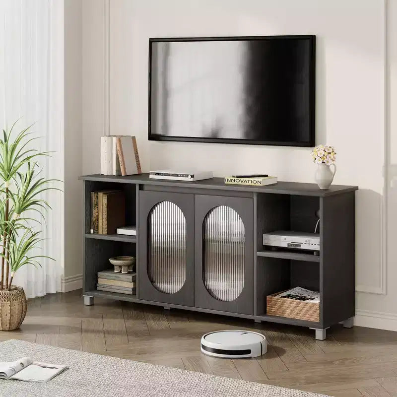 62.6 Inch TV Stand with Corrugated Glass Doors, Rustic Entertainment Center for Living Room with 2 Cabinets & 4 Open Shelves - Wood Console