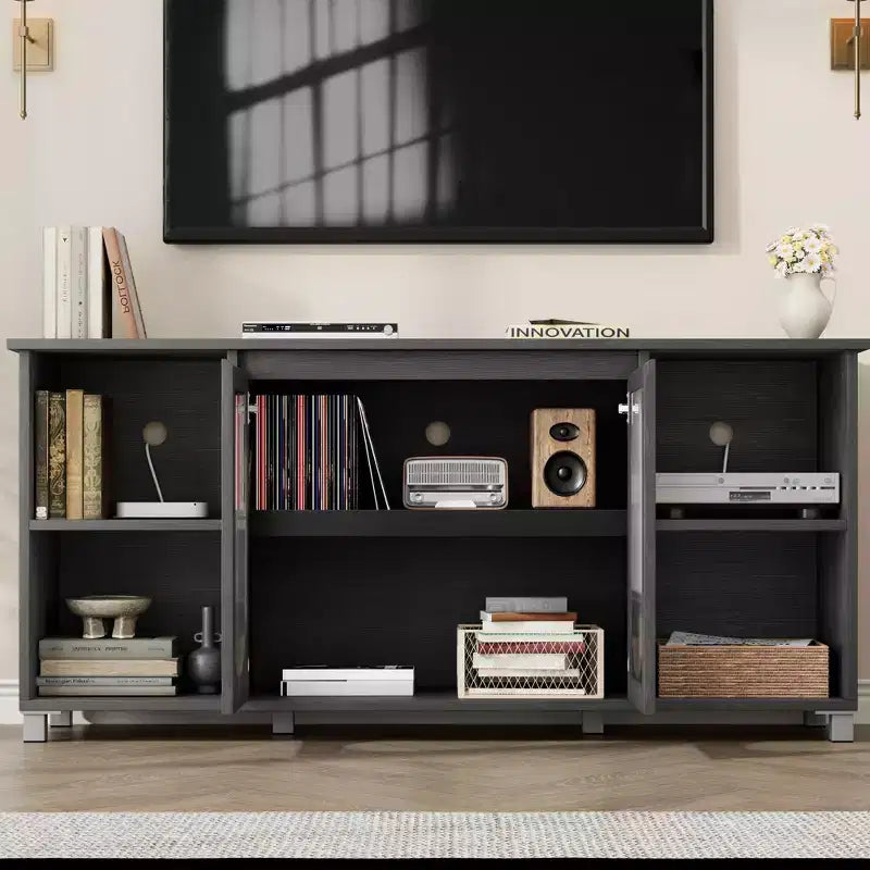 62.6 Inch TV Stand with Corrugated Glass Doors, Rustic Entertainment Center for Living Room with 2 Cabinets & 4 Open Shelves - Wood Console