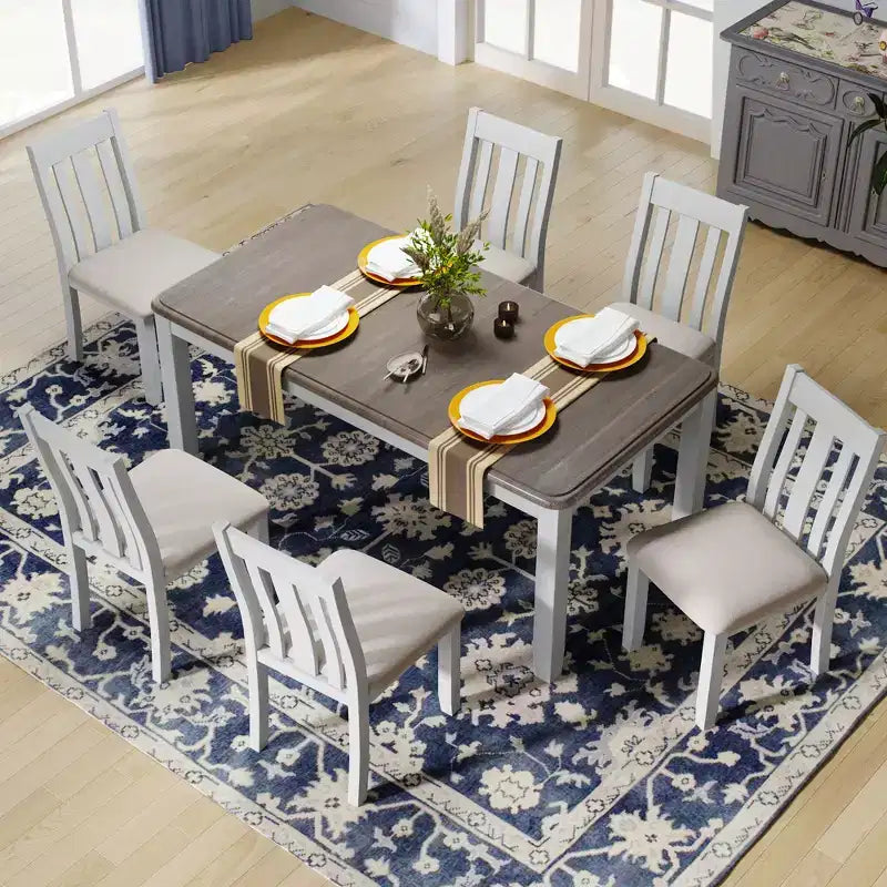 Farmhouse Extendable Dining Table Set for 6, Rectangular Table and 6 Upholstered Chairs