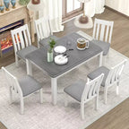 Farmhouse Extendable Dining Table Set for 6, Rectangular Table and 6 Upholstered Chairs