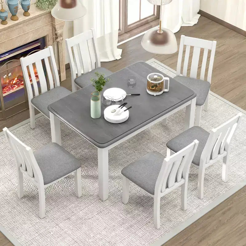Farmhouse Extendable Dining Table Set for 6, Rectangular Table and 6 Upholstered Chairs