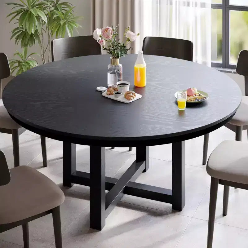 PexFix 59 x 59 Solid Wood Farmhouse Dining Table Round Wood Texture Top with Cross X Base for Modern Dining Rooms & Family Gatherings Black