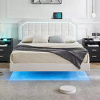 Floating Bed Frame Full Size with RGB Lights - Adjustable PU Headboard, Metal Platform & No Box Spring, White
