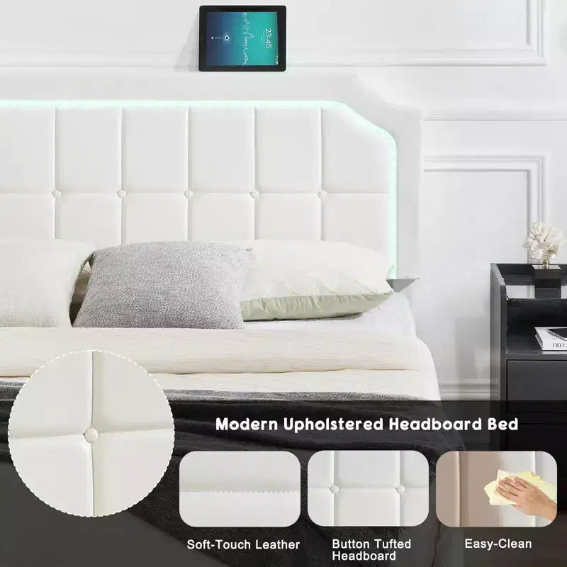 Floating Bed Frame Full Size with RGB Lights - Adjustable PU Headboard, Metal Platform & No Box Spring, White