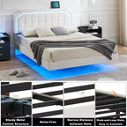 Floating Bed Frame Full Size with RGB Lights - Adjustable PU Headboard, Metal Platform & No Box Spring, White