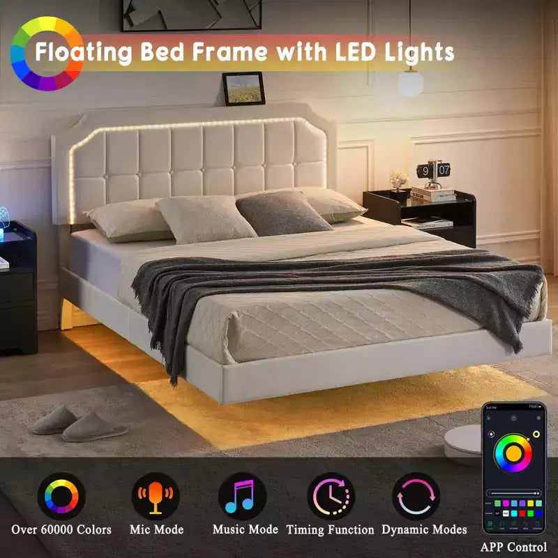 Floating Bed Frame Full Size with RGB Lights - Adjustable PU Headboard, Metal Platform & No Box Spring, White