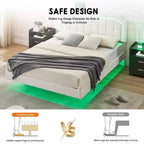 Floating Bed Frame Full Size with RGB Lights - Adjustable PU Headboard, Metal Platform & No Box Spring, White