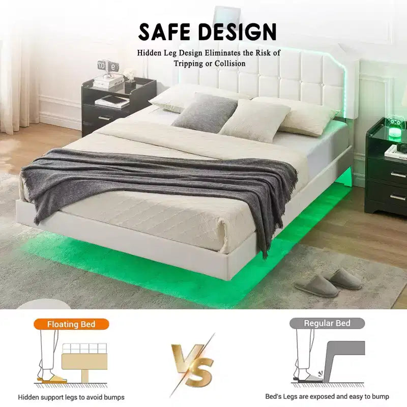 Floating Bed Frame Full Size with RGB Lights - Adjustable PU Headboard, Metal Platform & No Box Spring, White