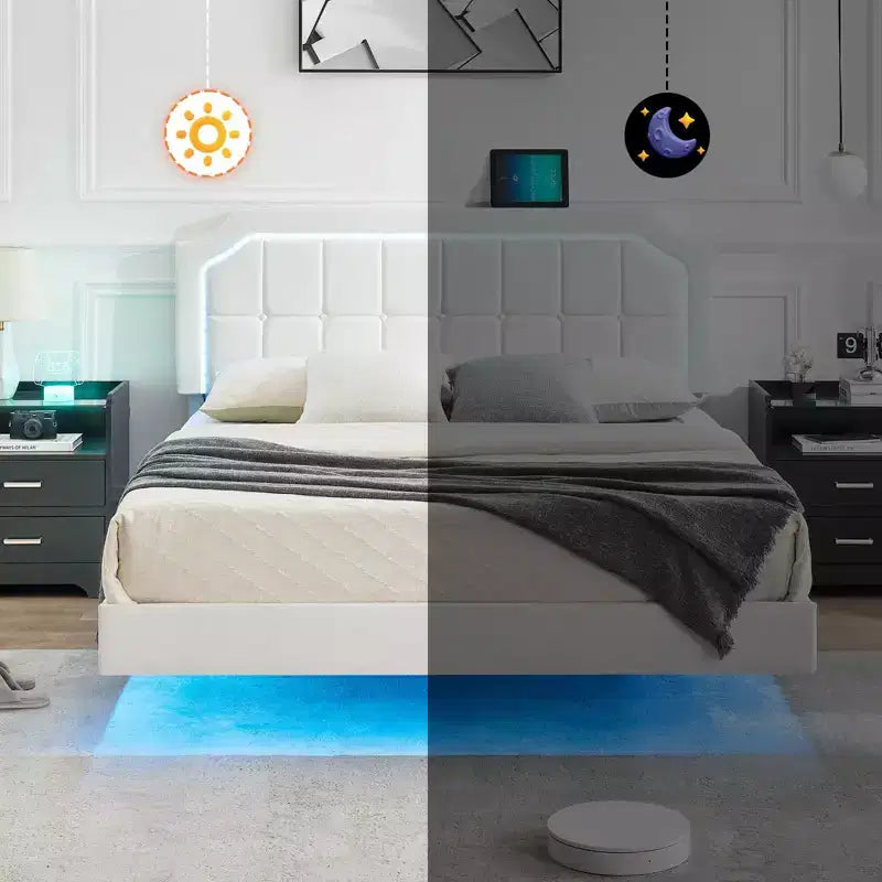 Floating Bed Frame Full Size with RGB Lights - Adjustable PU Headboard, Metal Platform & No Box Spring, White