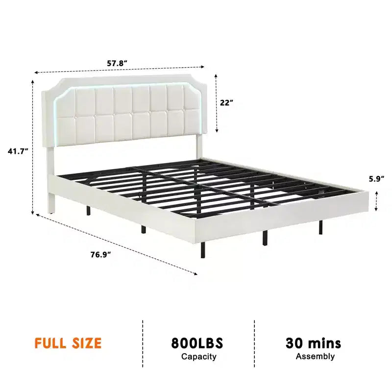 Floating Bed Frame Full Size with RGB Lights - Adjustable PU Headboard, Metal Platform & No Box Spring, White