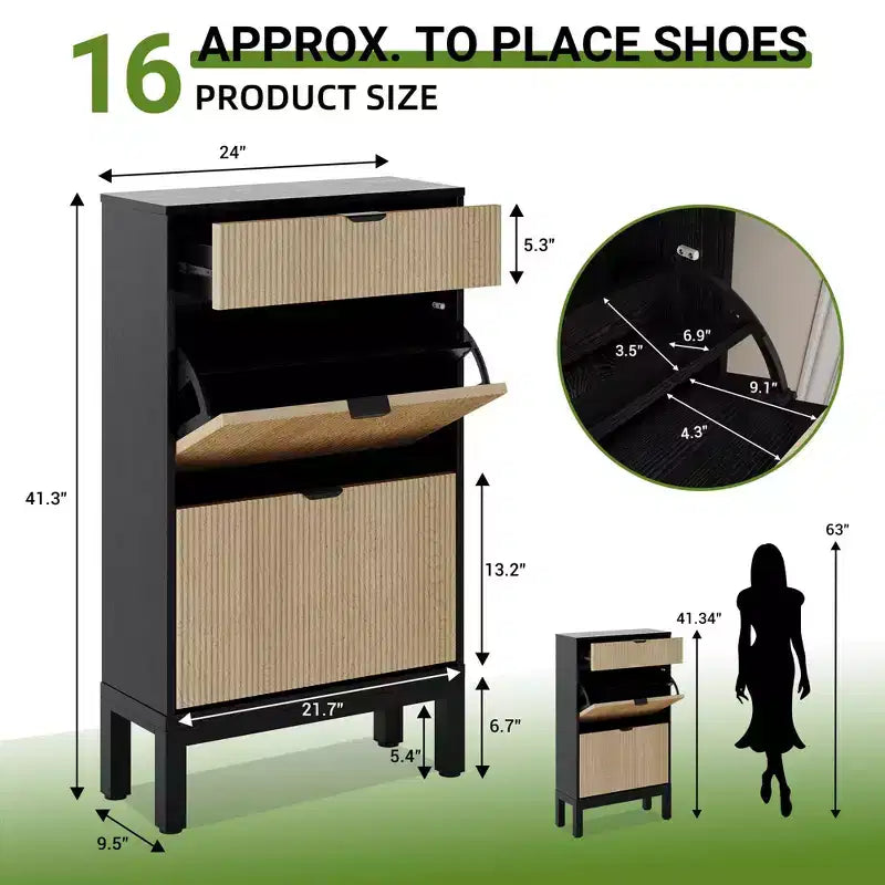Scarpiera con 2 cassetti a ribalta in stile rustico con gambe in metallo, scarpiera stretta per ingresso, foyer, corridoio