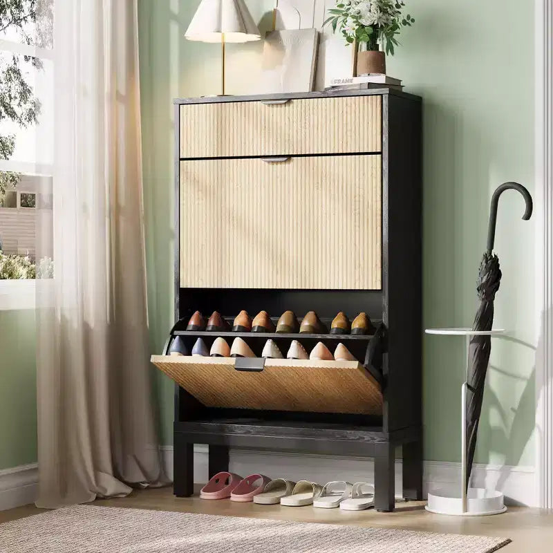 Shoe Storage Cabinet with 2 Flip Drawers Farmhouse Shoe Organizer with Metal Legs, Narrow Shoe Rack for Entryway, Foyer, Hallway