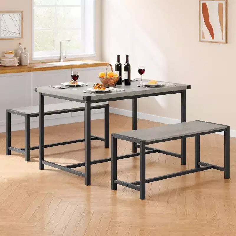 Set da pranzo 3 pezzi per 4 persone con 2 panche, tavolo da cucina con protezioni angolari, struttura a H, compatto per appartamenti e piccoli spazi