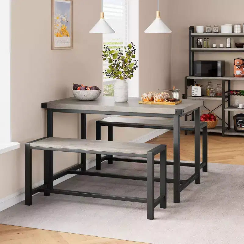 Set da pranzo 3 pezzi per 4 persone con 2 panche, tavolo da cucina con protezioni angolari, struttura a H, compatto per appartamenti e piccoli spazi