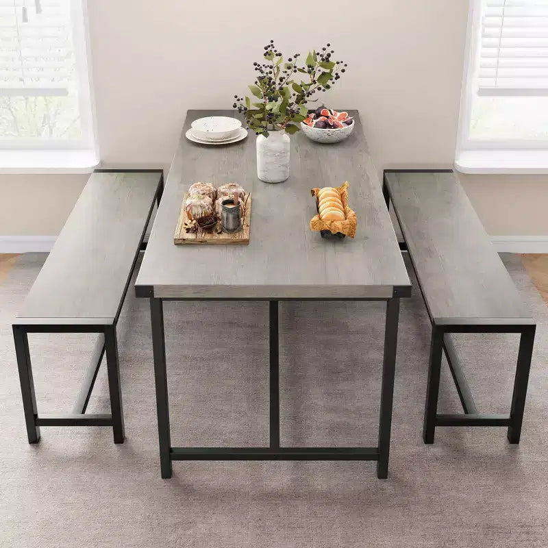 Set da pranzo 3 pezzi per 4 persone con 2 panche, tavolo da cucina con protezioni angolari, struttura a H, compatto per appartamenti e piccoli spazi