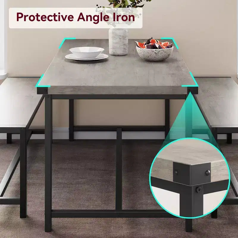 Set da pranzo 3 pezzi per 4 persone con 2 panche, tavolo da cucina con protezioni angolari, struttura a H, compatto per appartamenti e piccoli spazi