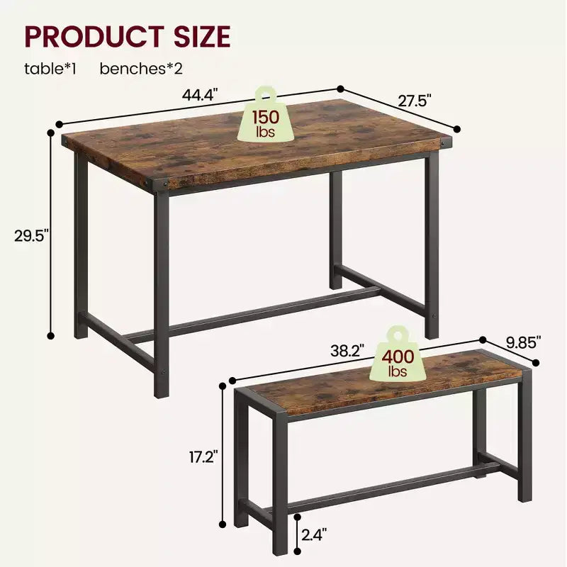 Set da pranzo 3 pezzi per 4 persone con 2 panche, tavolo da cucina con protezioni angolari, struttura a H, compatto per appartamenti e piccoli spazi