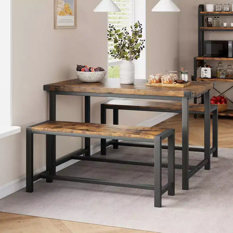 Set da pranzo 3 pezzi per 4 persone con 2 panche, tavolo da cucina con protezioni angolari, struttura a H, compatto per appartamenti e piccoli spazi