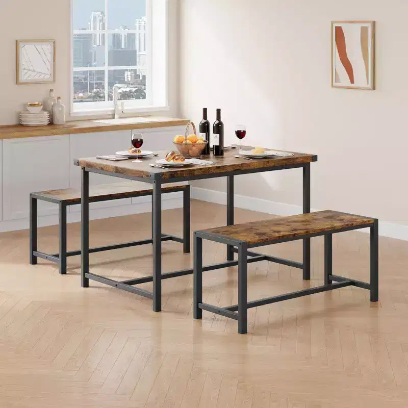 Set da pranzo 3 pezzi per 4 persone con 2 panche, tavolo da cucina con protezioni angolari, struttura a H, compatto per appartamenti e piccoli spazi